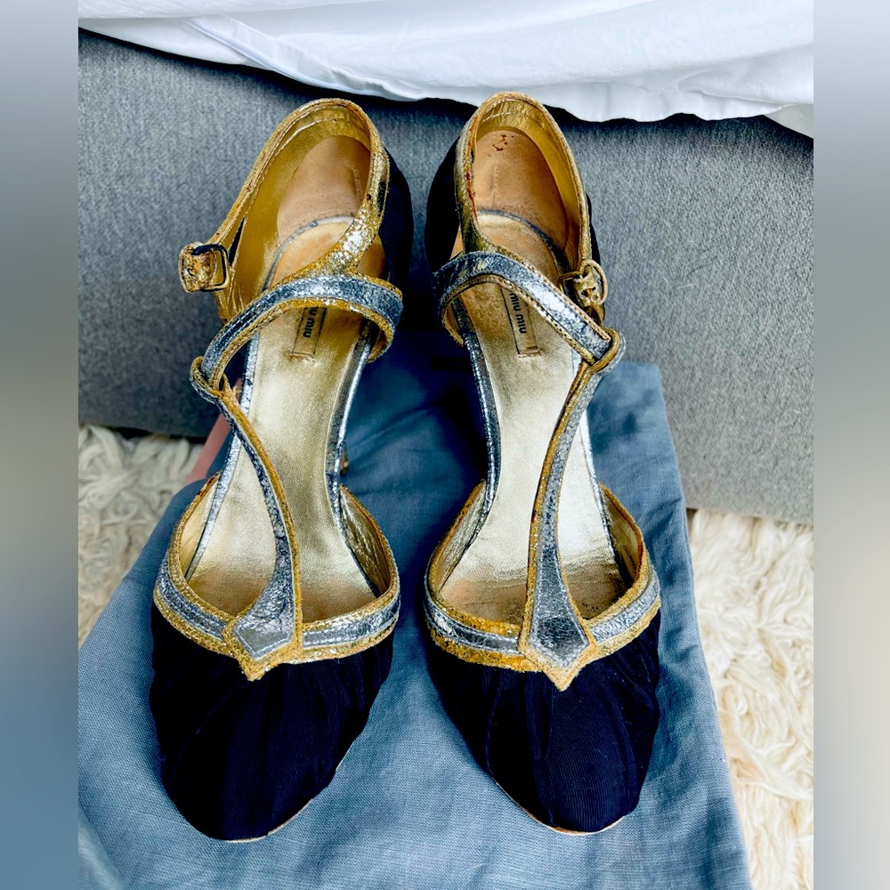 Miu Miu gold and silver maryjane heels size 7
